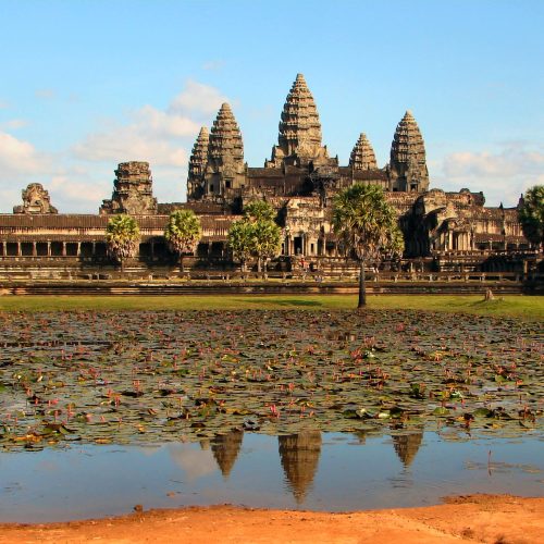 Angkor Wat temple towers reflected in the moat at sunrise, Siem Reap Angkor Wat temple towers reflected in the moat at sunrise, Siem Reap
