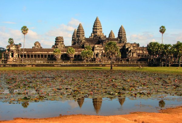 Angkor Wat temple towers reflected in the moat at sunrise, Siem Reap Angkor Wat temple towers reflected in the moat at sunrise, Siem Reap