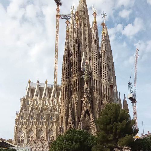 The Sagrada Familia basilica towers against a blue Barcelona sky The Sagrada Familia basilica towers against a blue Barcelona sky