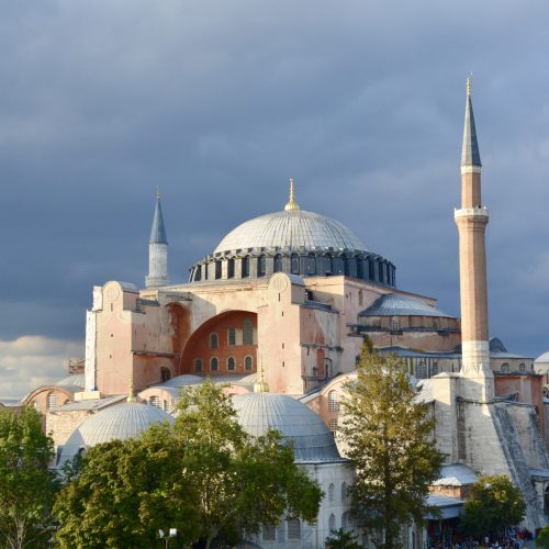 The domes and minarets of Hagia Sophia in Istanbul at sunset